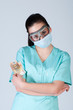 Nurse or doctor in pilot glasses with mask and money