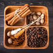 Assorted spices, sugar and coffee