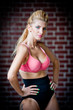 girl in swimsuit posing provocatively in front of a brick wall
