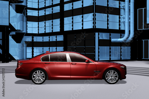 Illustration: Rote Limousine vor moderner Bürogebäudefassade Rote Limousine vor moderner Bürogebäudefassade