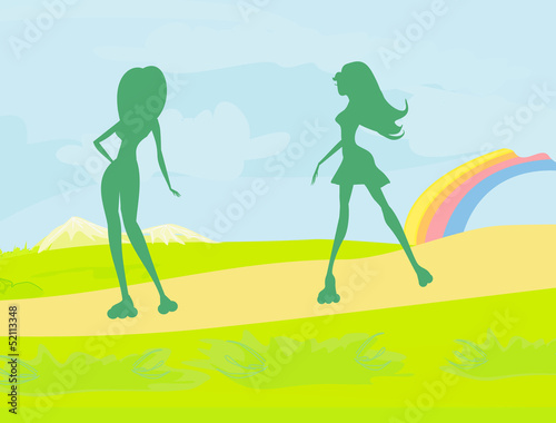Illustration: rollerskating silhouettes girls rollerskating silhouettes girls