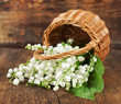 bouquet of lilies of the valley in a wicker basket