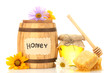 Sweet honey in jar and barrel with honeycomb, wooden drizzler