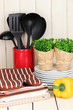 Kitchen settings: utensil, potholders, towels and else