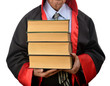 Senior judge carrying law books isolated on white