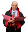 Happy senior judge reading indictment isolated on white
