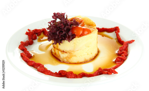Photo: Small portion of food on big plate isolated on white Small portion of food on big plate isolated on white