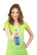 Young woman holding sprayer, isolated on white