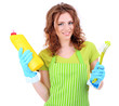 Young woman wearing rubber gloves with cleaning supplies,