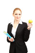 Portrait of teacher woman with book and apple, isolated on