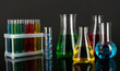 Test tubes with colorful liquids on dark grey background