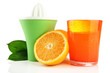 Citrus press, glass of juice and ripe oranges, isolated on