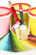Set for painting: paint pots, brushes, palette of colors close