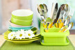 Plates, forks, knives, spoons and other kitchen utensil