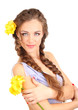 Young woman with beautiful hairstyle and flowers, isolated
