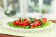 Salami rolls on white plate on bright background