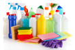 Different kinds of house cleaners and colorful sponges, gloves
