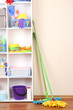 Shelves in pantry with  cleaners for home close-up