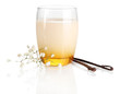 Delicious yogurt in glass with vanilla isolated on white