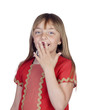 Shy girl with blond hair covering the mouth