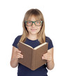 Photo: Beautiful little student with glasses reading a book Beautiful little student with glasses reading a book