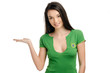 Sexy girl with Brazilian flag on her green t-shirtl presenting.