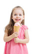 joyful child girl eating ice cream in studio isolated
