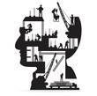 Vektor: Building construction with workers in sIlhouette of head Building construction with workers in sIlhouette of head