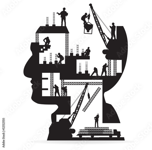 Vector: Building construction with workers in sIlhouette of head Building construction with workers in sIlhouette of head