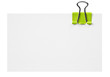 Blank white card with green clip on white background