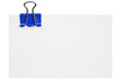 Blank white card with blue clip on white background