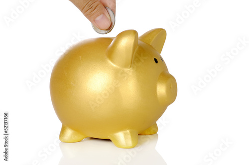 Photo: Hand Put Coin Into Piggy Bank Hand Put Coin Into Piggy Bank