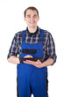 Lächelnder Handwerker mit Tablet-Pc