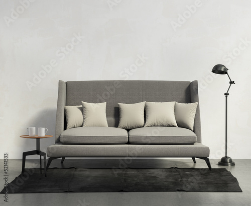 Illustration: Classic sofa, dark rug, stool and floor lamp, chic living room Classic sofa, dark rug, stool and floor lamp, chic living room