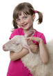 happy little girl with a lamb isolated on a white background