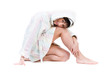 woman in bathrobe full portrait isolated on white