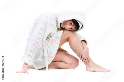 Photo: woman in bathrobe full portrait isolated on white woman in bathrobe full portrait isolated on white