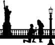 A young man with rose woo the girl in New York silhouette