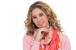 Smiling blonde woman posing with her hand on her chin