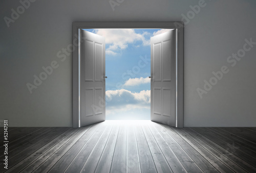 Illustration: Doorway revealing bright blue sky Doorway revealing bright blue sky