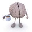 Illustration: brain with arms and legs and cup of coffee brain with arms and legs and cup of coffee