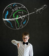Boy business chalk globe jet travel background