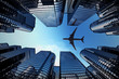 Business towers with a airplane silhouette