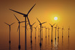 Illustration: Floating wind turbines at sunset. Floating wind turbines at sunset.