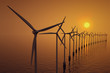 Illustration: Row of floating wind turbines during sunset. Row of floating wind turbines during sunset.