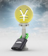 money concept with yuan/ yen coin in sky