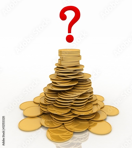 Illustration: pile of gold chinks and question-mark. pile of gold chinks and question-mark.