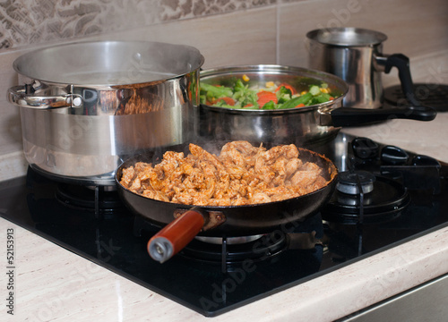Photo: Cooking - kebab, pasta and vegetables Cooking - kebab, pasta and vegetables