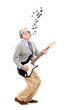 Middle aged man playing guitar and musical notes around