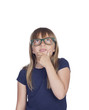 Pensive girl with blond hair and glasses